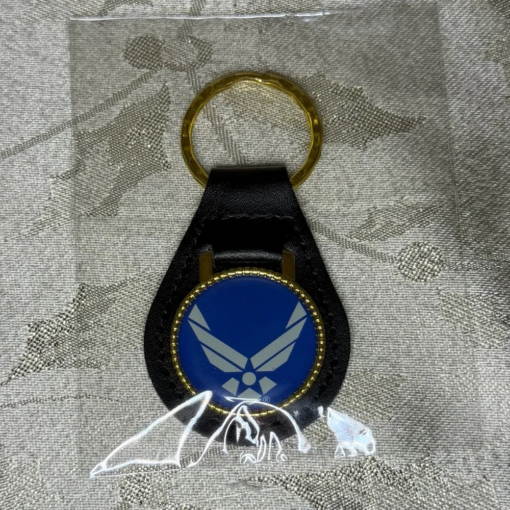 Military Emblem Keychain Challenge Coins w Leather Keyring Army or Air Force USA